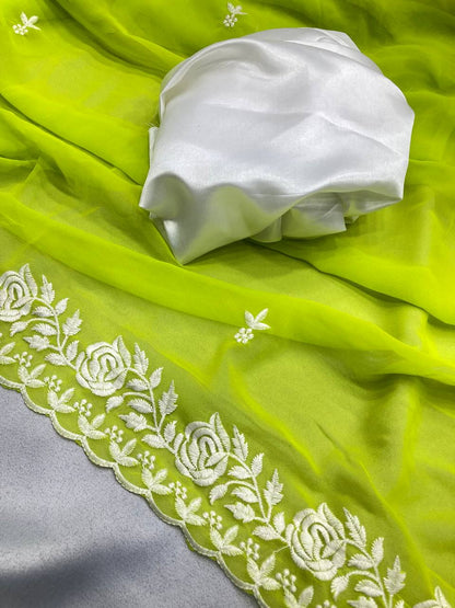 Bright Olive Chikankari Worked Georgette Saree