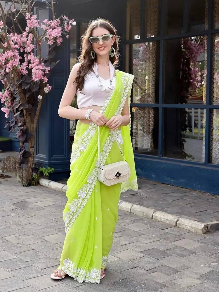 Bright Olive Chikankari Worked Georgette Saree