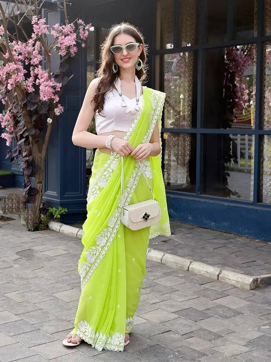 Bright Olive Chikankari Worked Georgette Saree