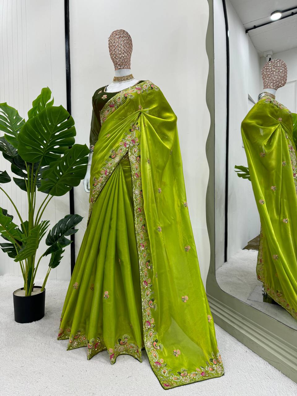 Bright Olive Designer Zimmy Choo Saree