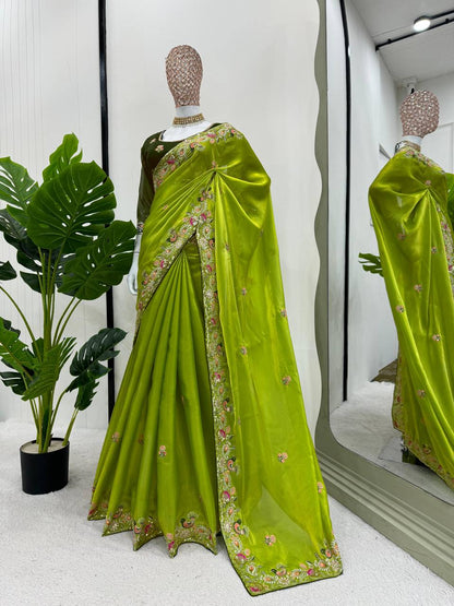 Bright Olive Designer Zimmy Choo Saree