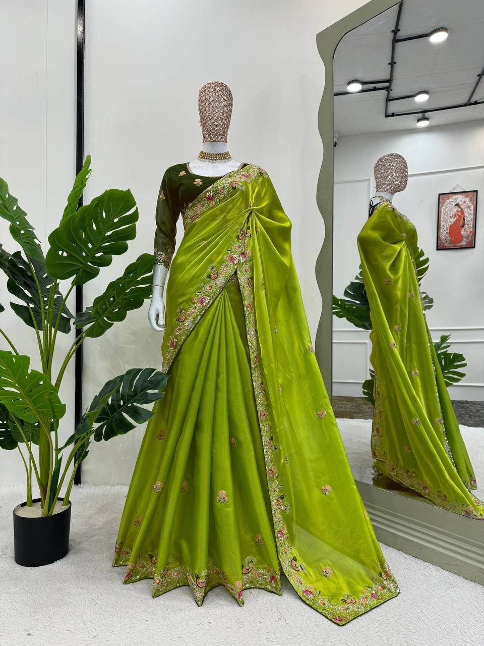 Bright Olive Designer Zimmy Choo Saree