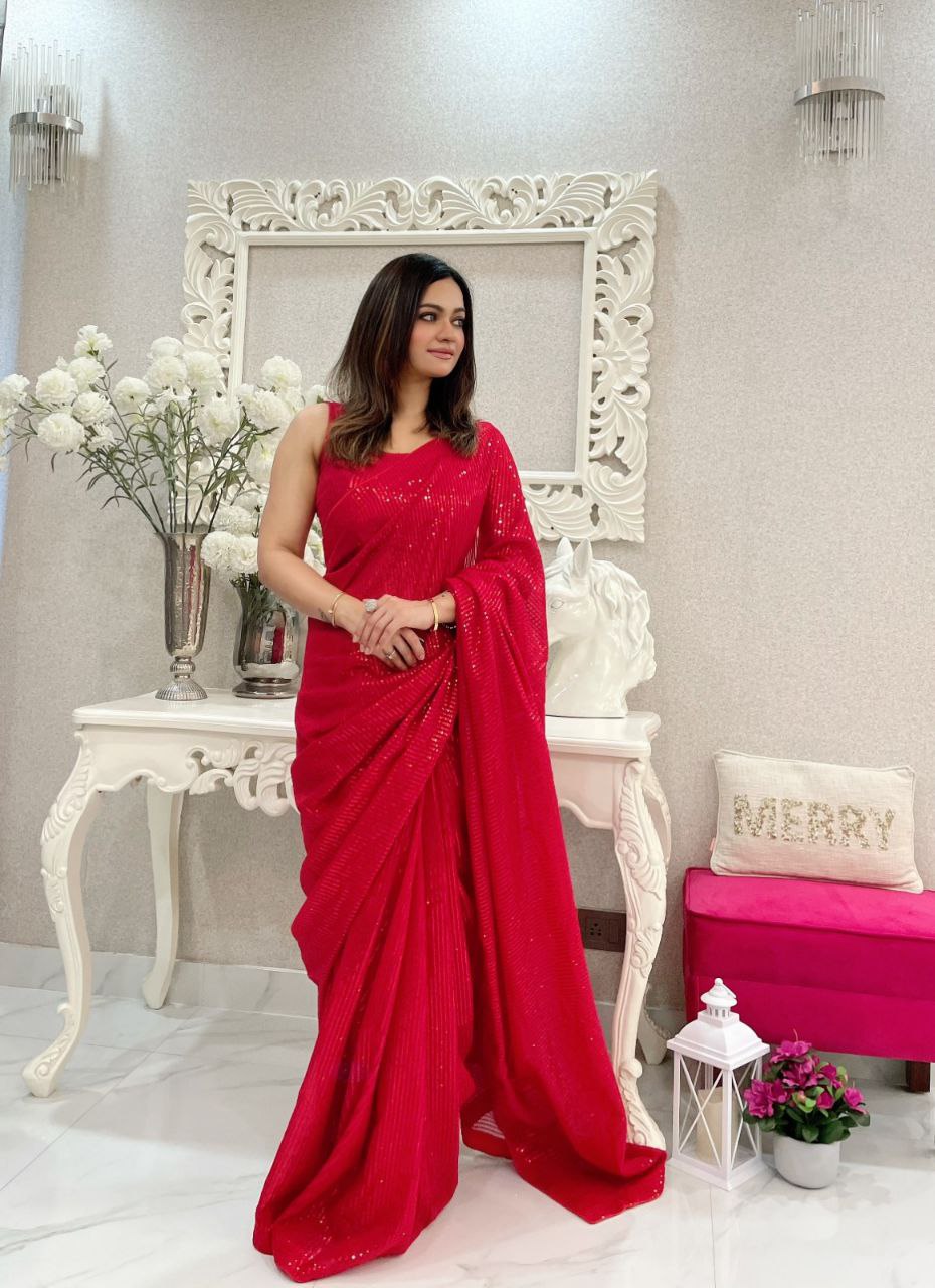 Red Party Wear Sequence Georgette Saree