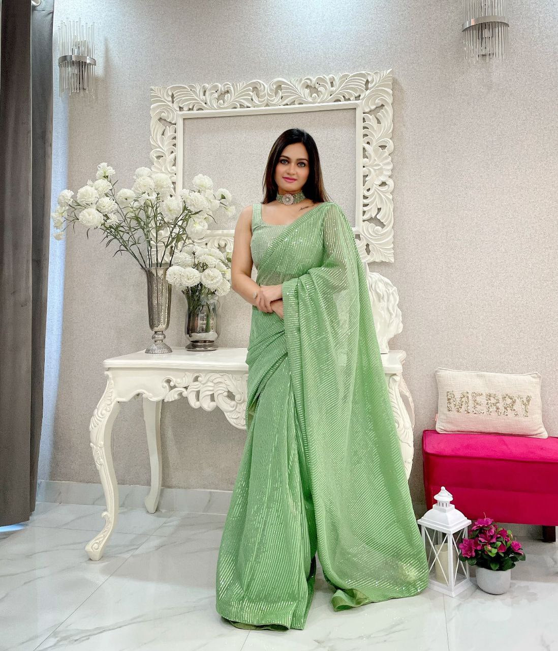 Pista Party Wear Sequence Georgette Saree