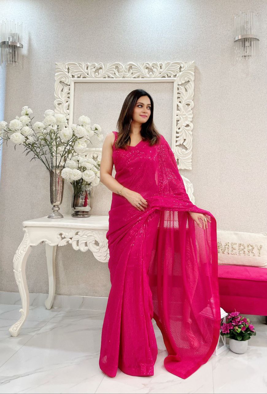 Rani Pink Party Wear Sequence Georgette Saree