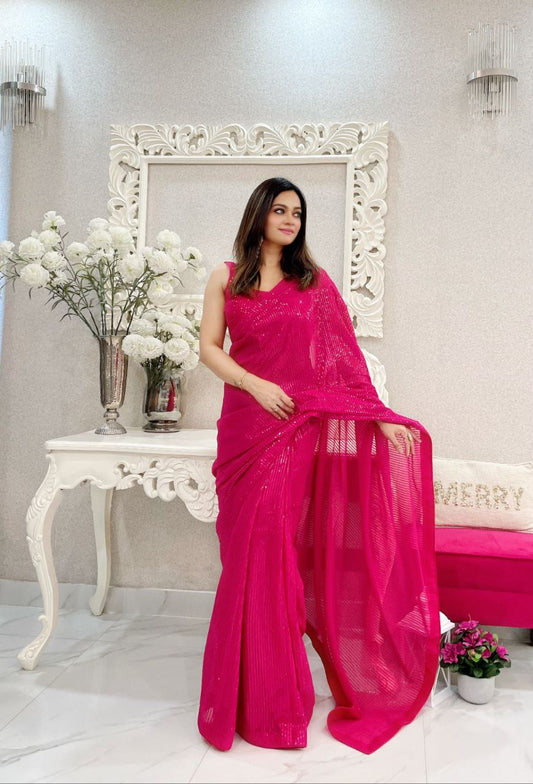 Rani Pink Party Wear Sequence Georgette Saree