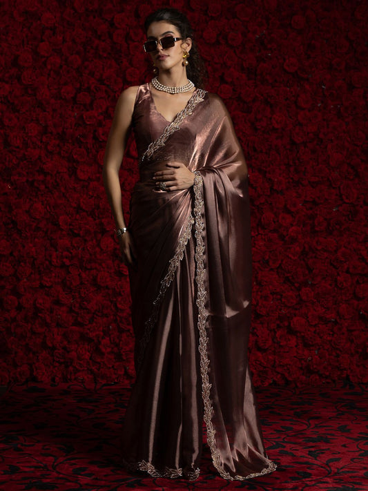 Brown Party Wear Tissue Chiffon Saree | 100% Original Saree