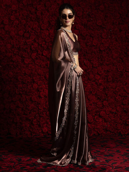 Brown Party Wear Tissue Chiffon Saree | 100% Original Saree