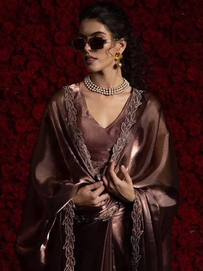 Brown Party Wear Tissue Chiffon Saree | 100% Original Saree