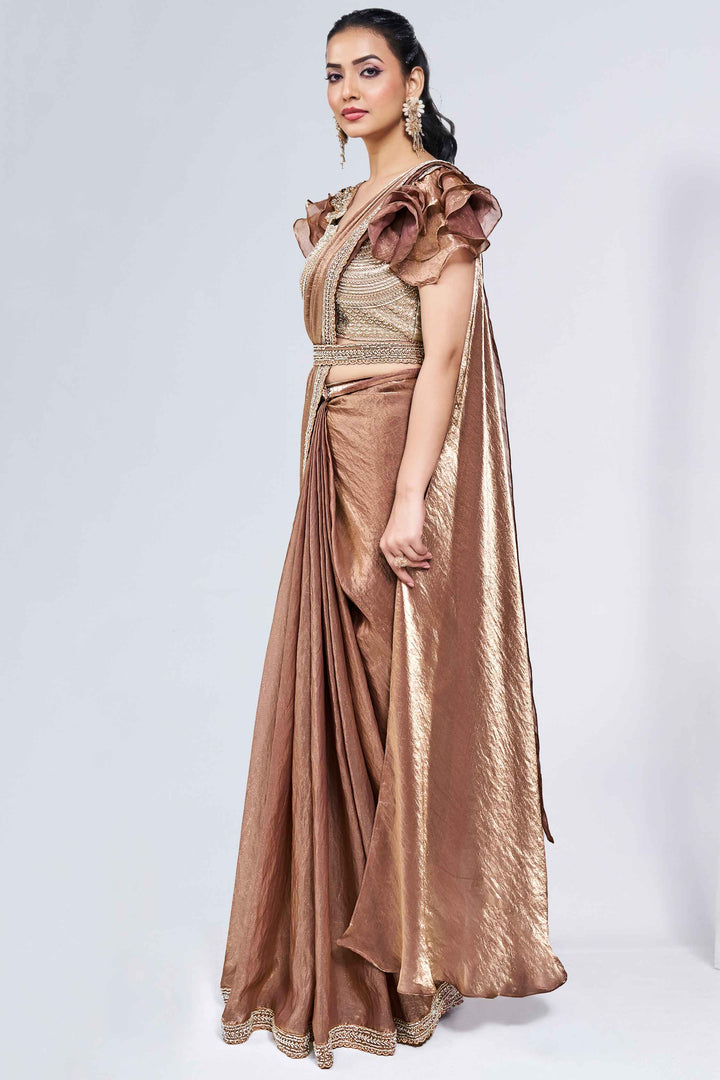 Brown Stylish Ready Made Satin Silk Saree With Belt | Original Saree