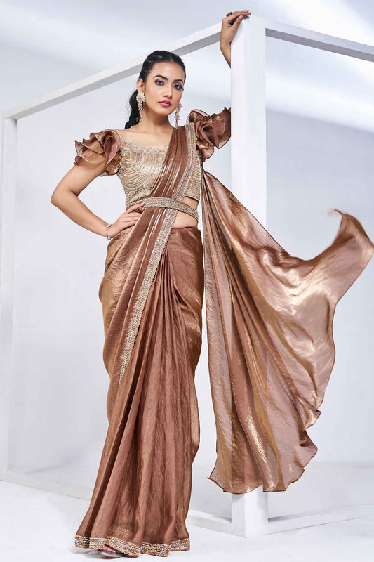 Brown Stylish Ready Made Satin Silk Saree With Belt | Original Saree