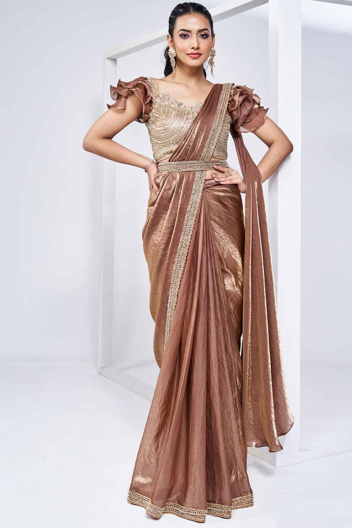 Brown Stylish Ready Made Satin Silk Saree With Belt | Original Saree