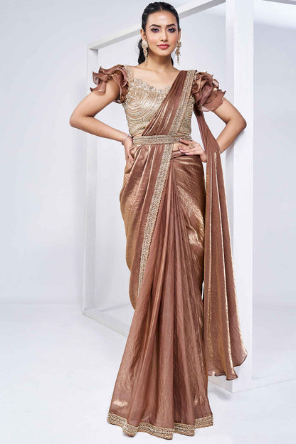 Brown Stylish Ready Made Satin Silk Saree With Belt | Original Saree