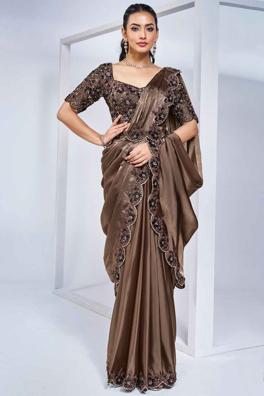Brown Stylish Ready Made Satin Silk Saree With Belt | Original Saree