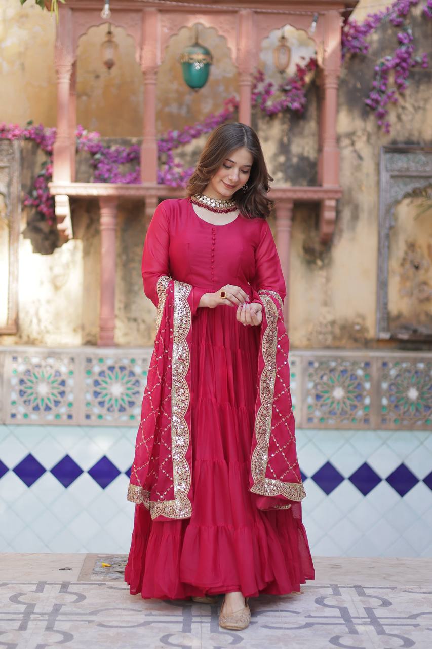Burnt Pink Traditional Indian Gown Dress With Dupatta