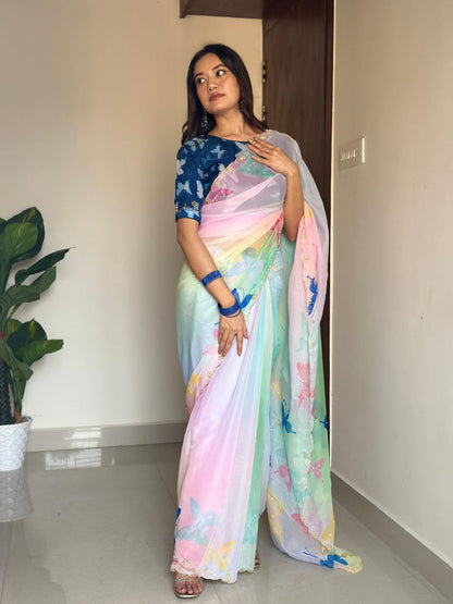 Pista Butterfly Printed Tabby Organza Silk Saree