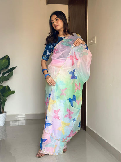 Pista Butterfly Printed Tabby Organza Silk Saree