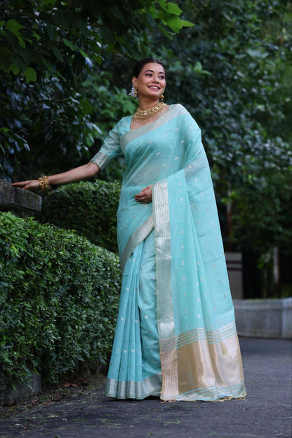 Carolina Blue Maheshwari Tissue Silk Weaving Saree
