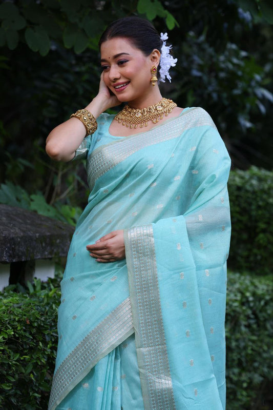 Carolina Blue Maheshwari Tissue Silk Weaving Saree