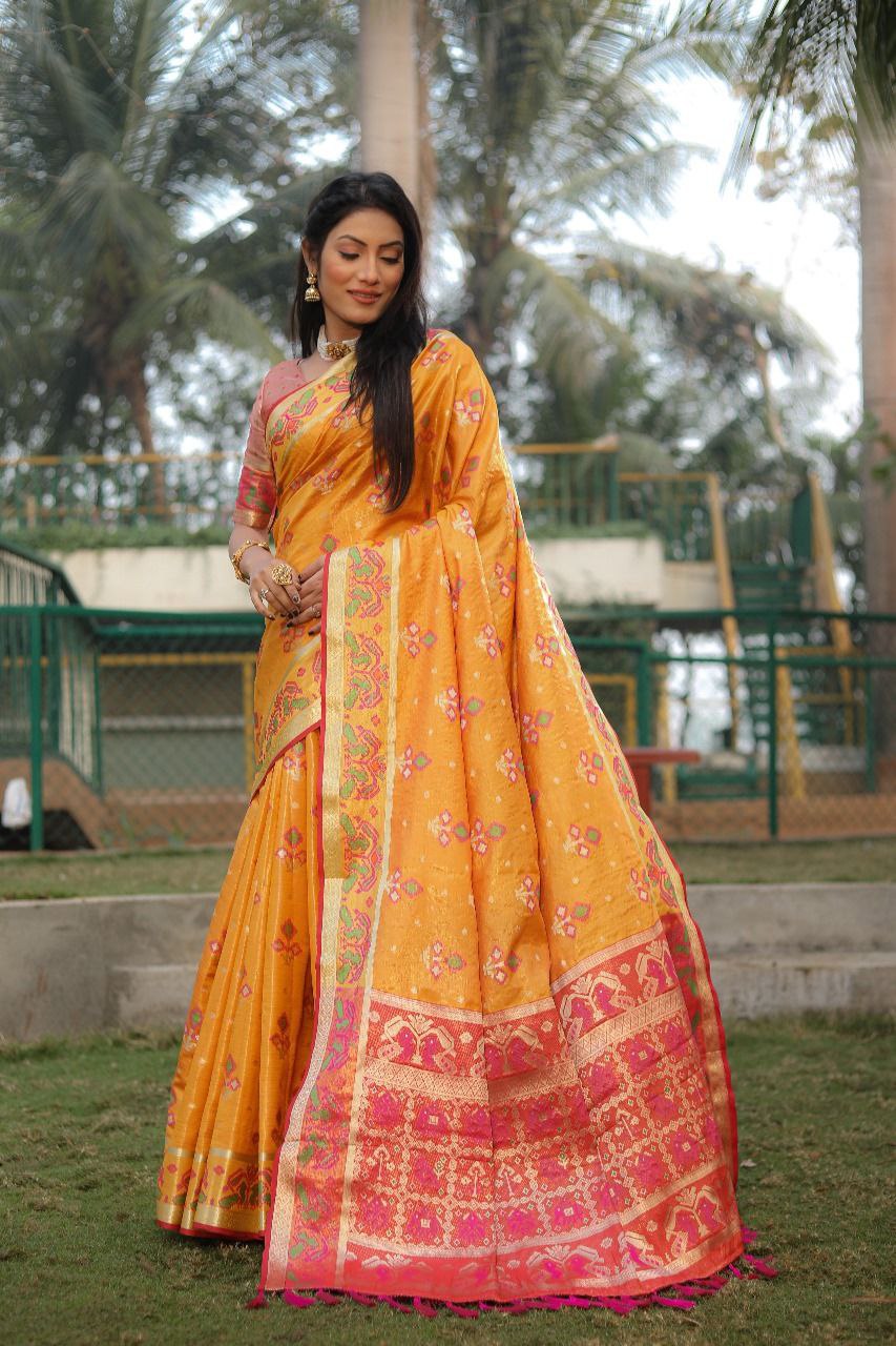 Carrot Orange Traditional Organza Silk Saree