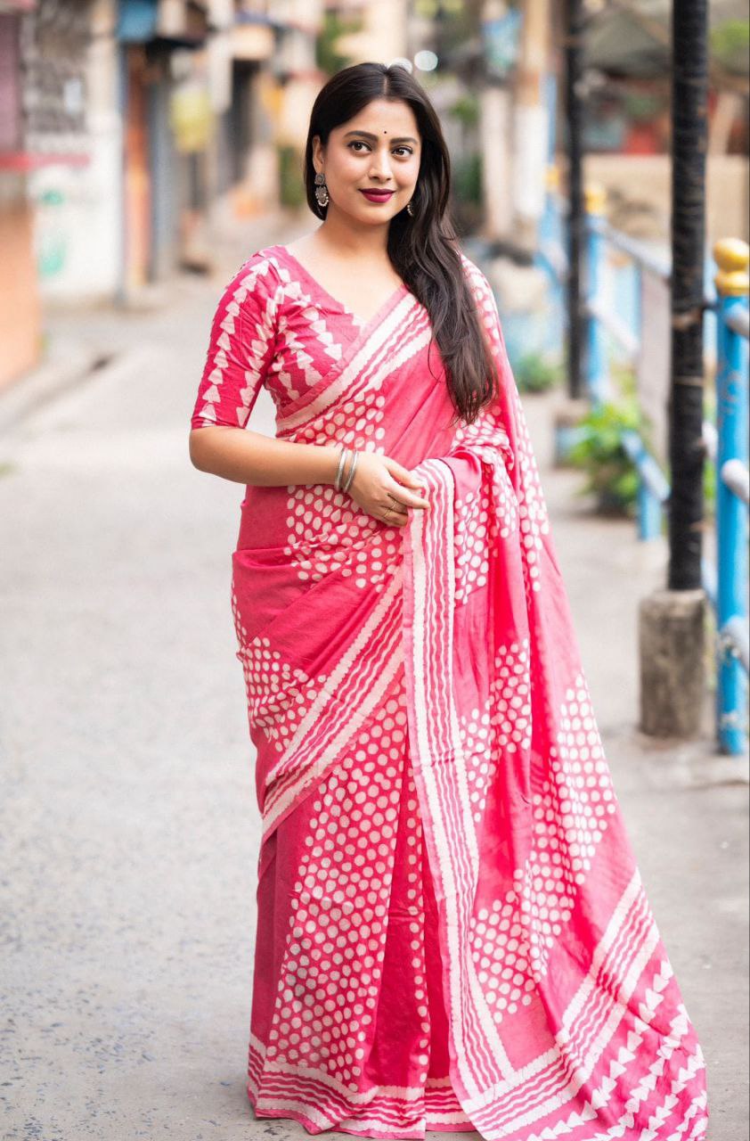 Pink Chanderi Cotton Batik Printed Saree