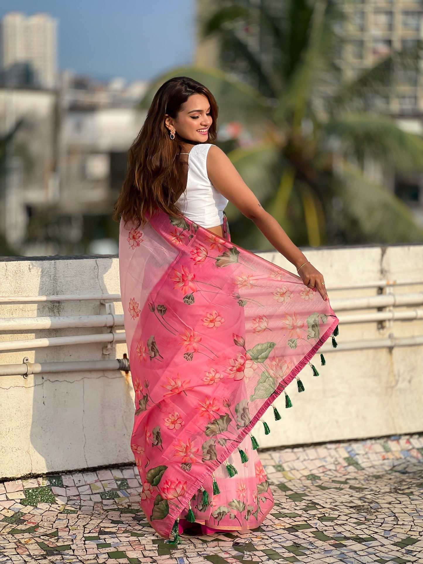 Pink Pichwai Printed Chanderi Cotton Saree