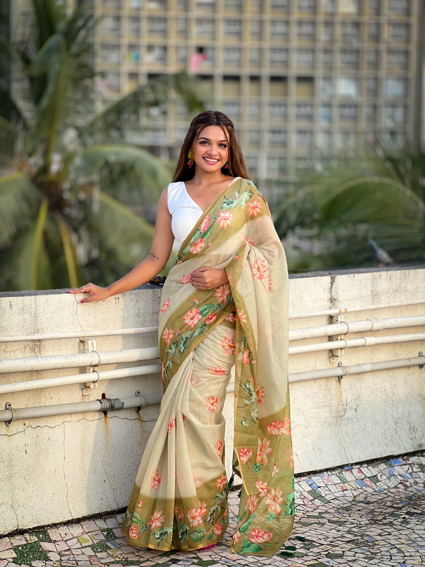 Mehendi Pichwai Printed Chanderi Cotton Saree