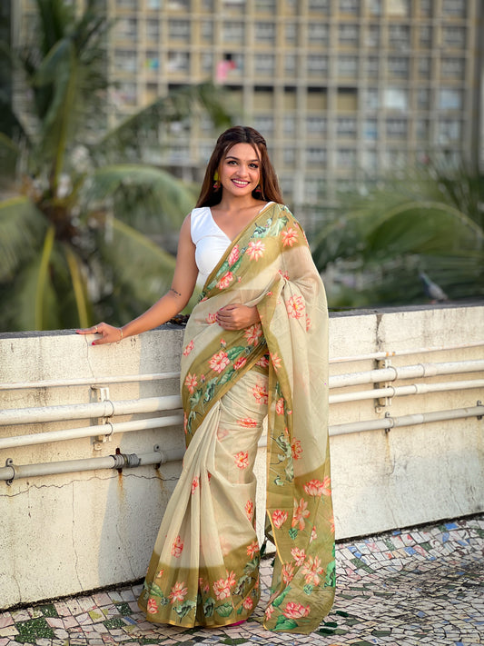 Mehendi Pichwai Printed Chanderi Cotton Saree