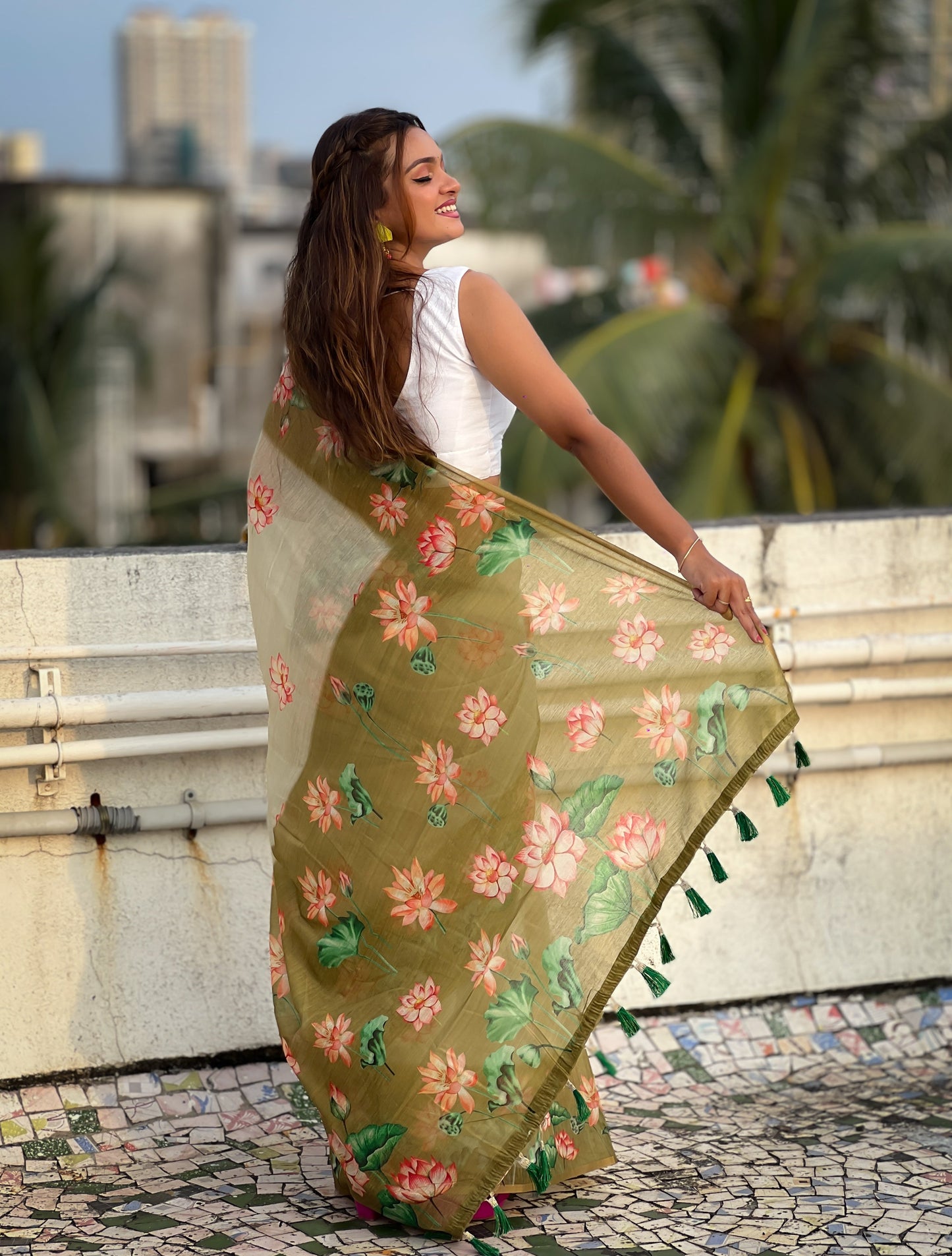 Mehendi Pichwai Printed Chanderi Cotton Saree