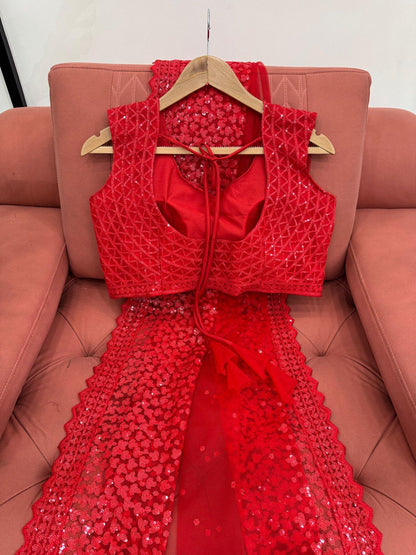 Cherry Red Party Wear Net Saree