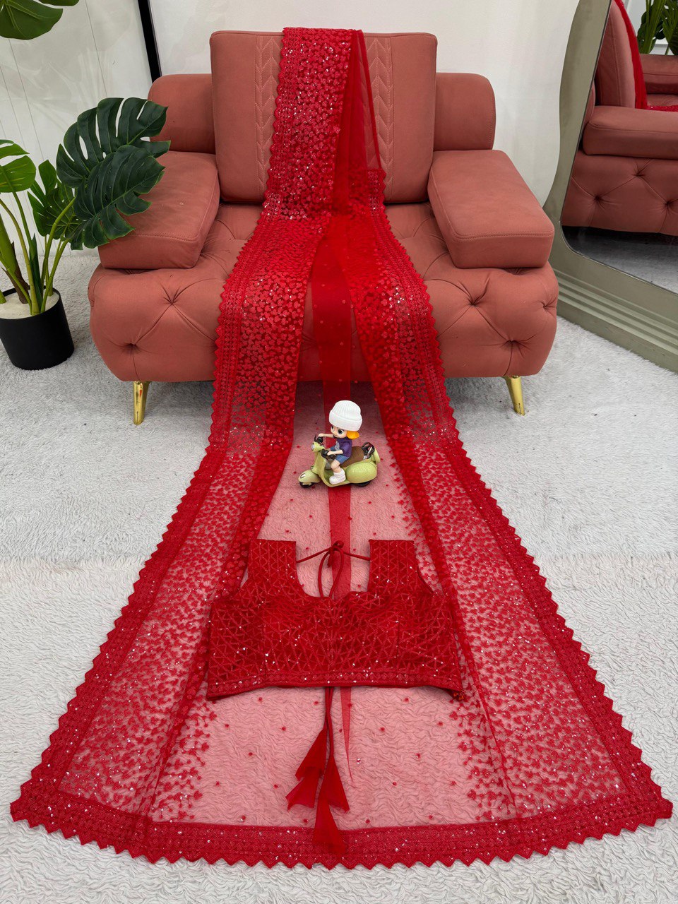 Cherry Red Party Wear Net Saree