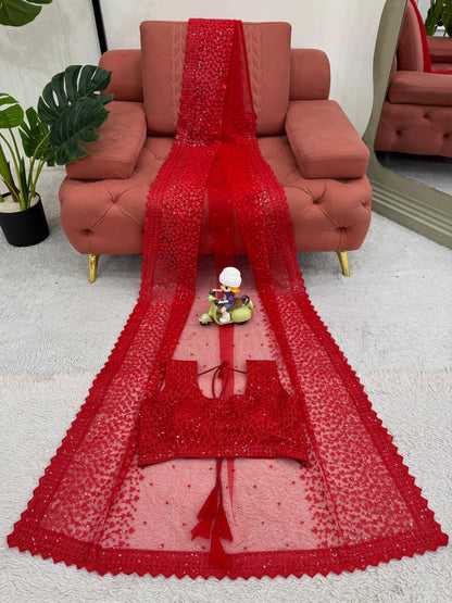 Cherry Red Party Wear Net Saree