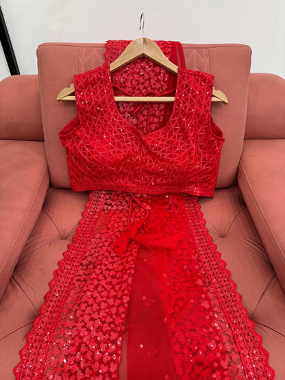 Cherry Red Party Wear Net Saree