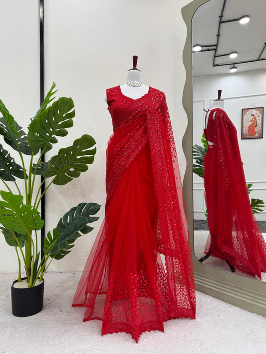 Cherry Red Party Wear Net Saree