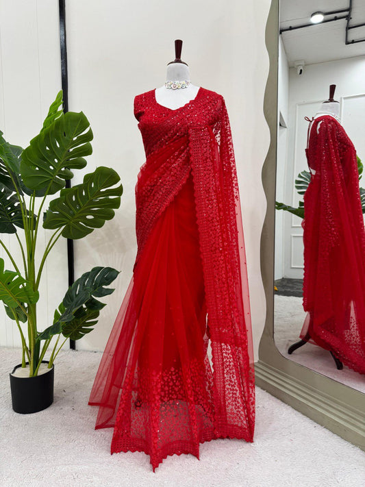 Cherry Red Party Wear Net Saree