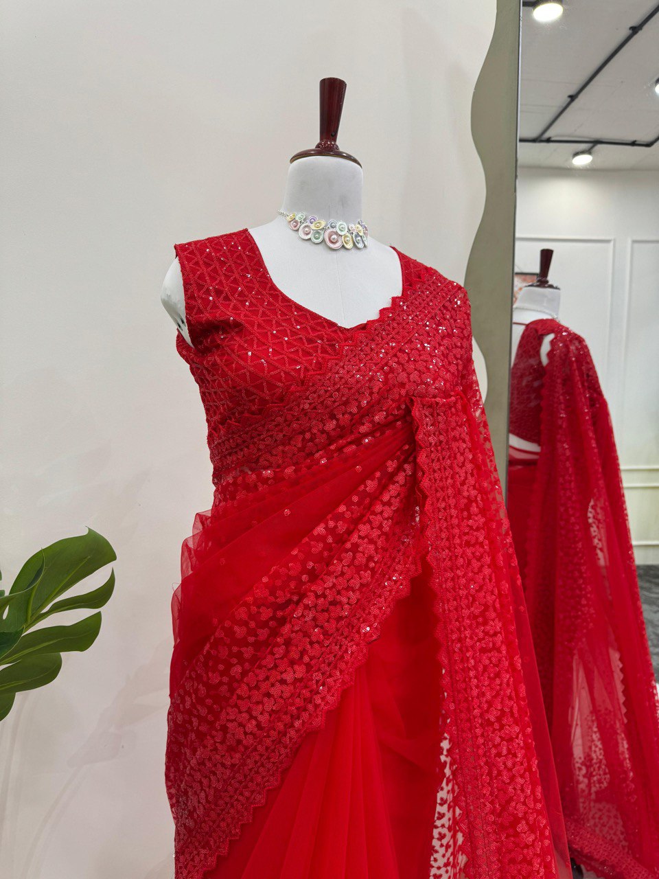 Cherry Red Party Wear Net Saree