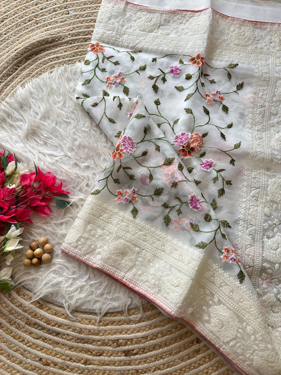 Chikankari Worked Organza Silk Saree