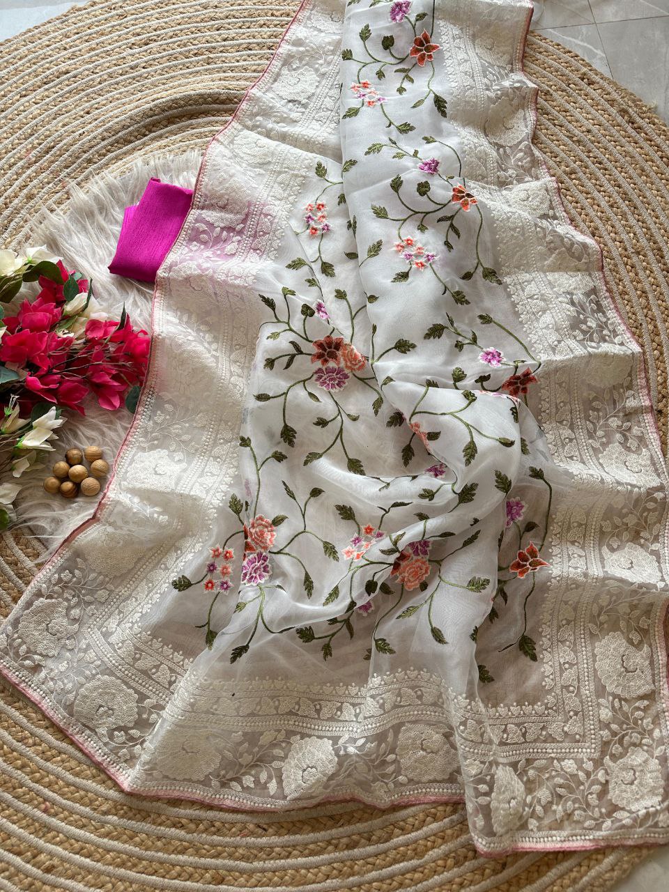 Chikankari Worked Organza Silk Saree