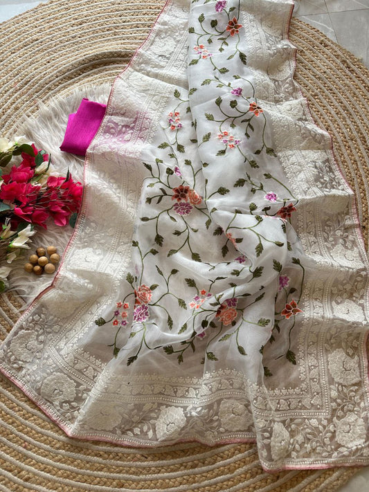 Chikankari Worked Organza Silk Saree