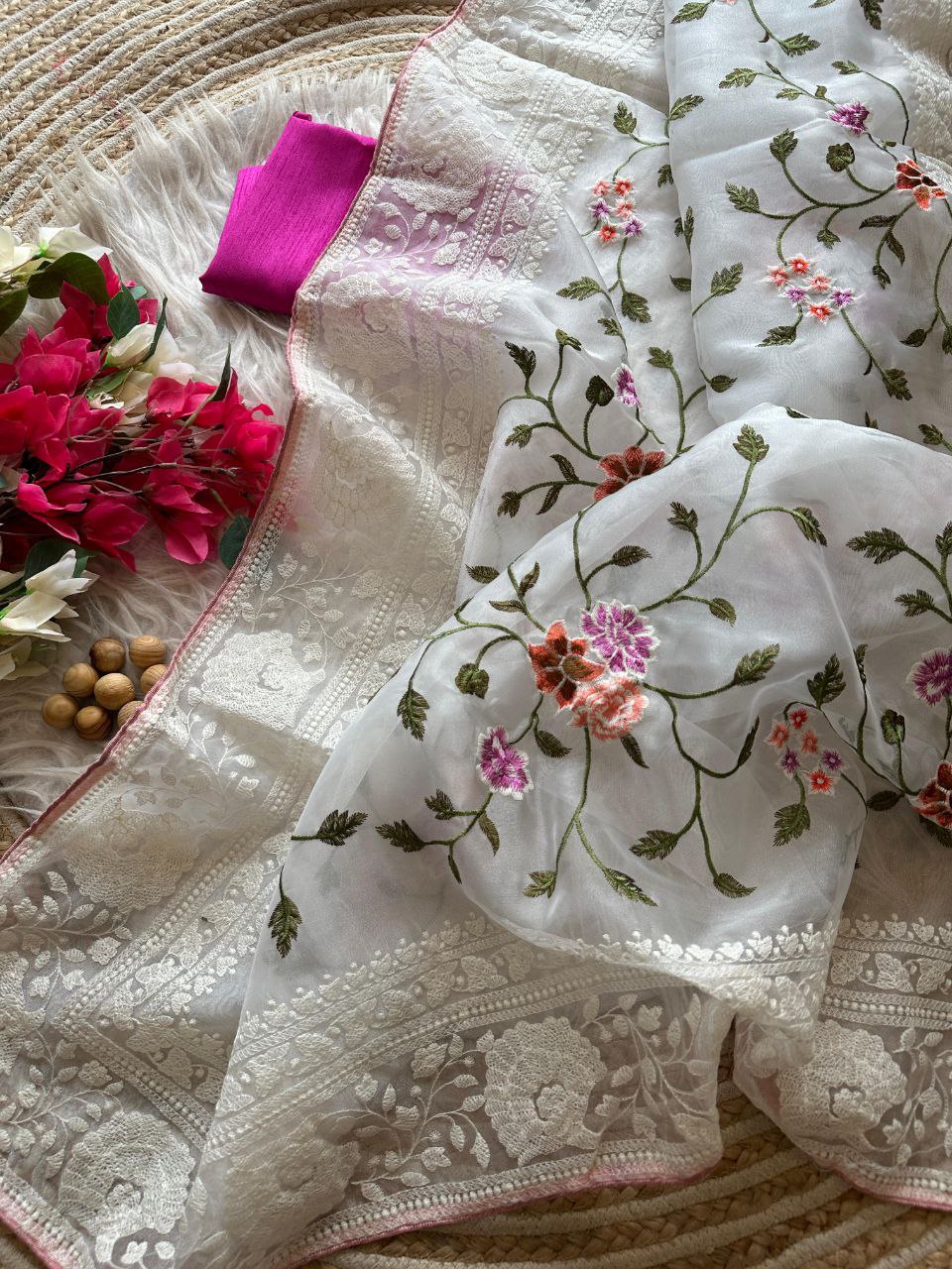 Chikankari Worked Organza Silk Saree