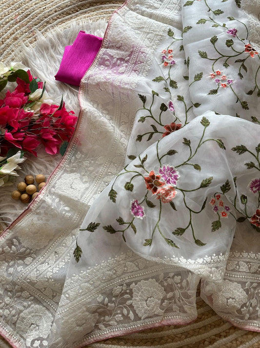 Chikankari Worked Organza Silk Saree