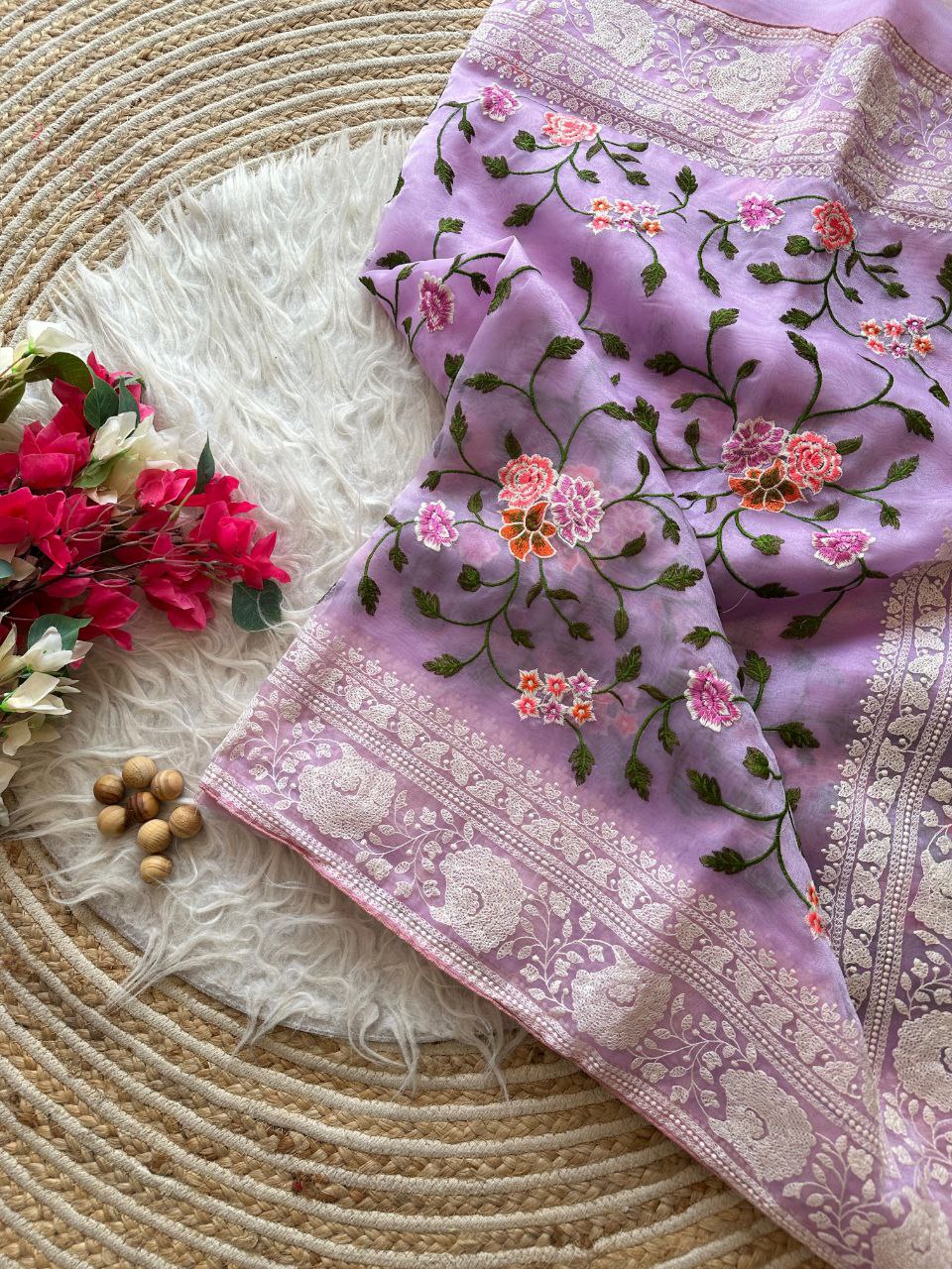 Chikankari Worked Organza Silk Saree