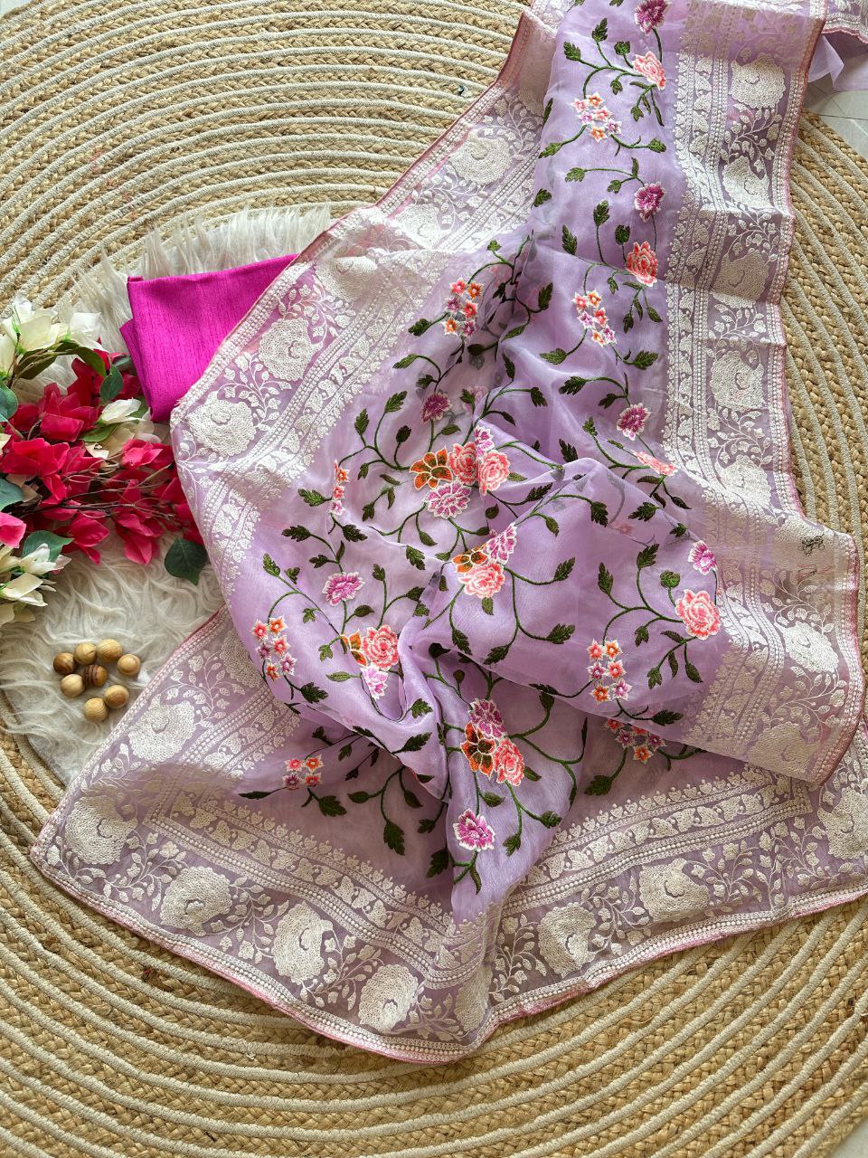 Chikankari Worked Organza Silk Saree