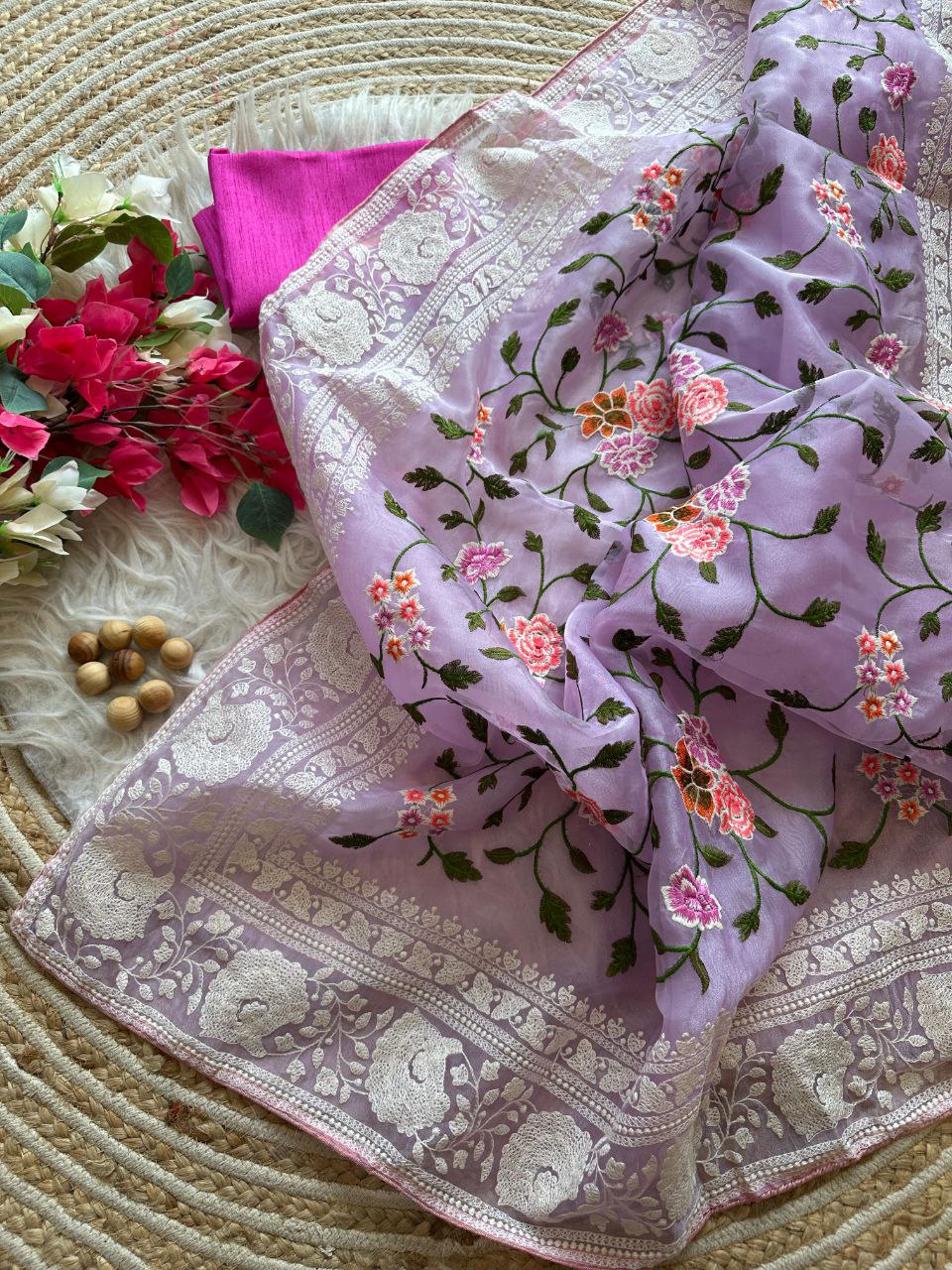 Chikankari Worked Organza Silk Saree