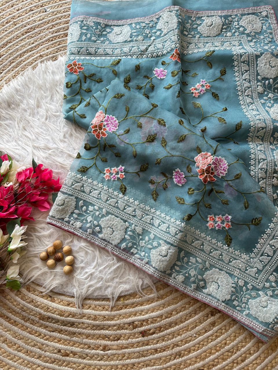 Chikankari Worked Organza Silk Saree