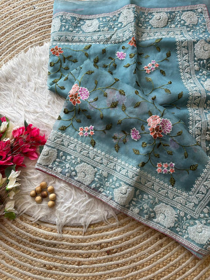 Chikankari Worked Organza Silk Saree
