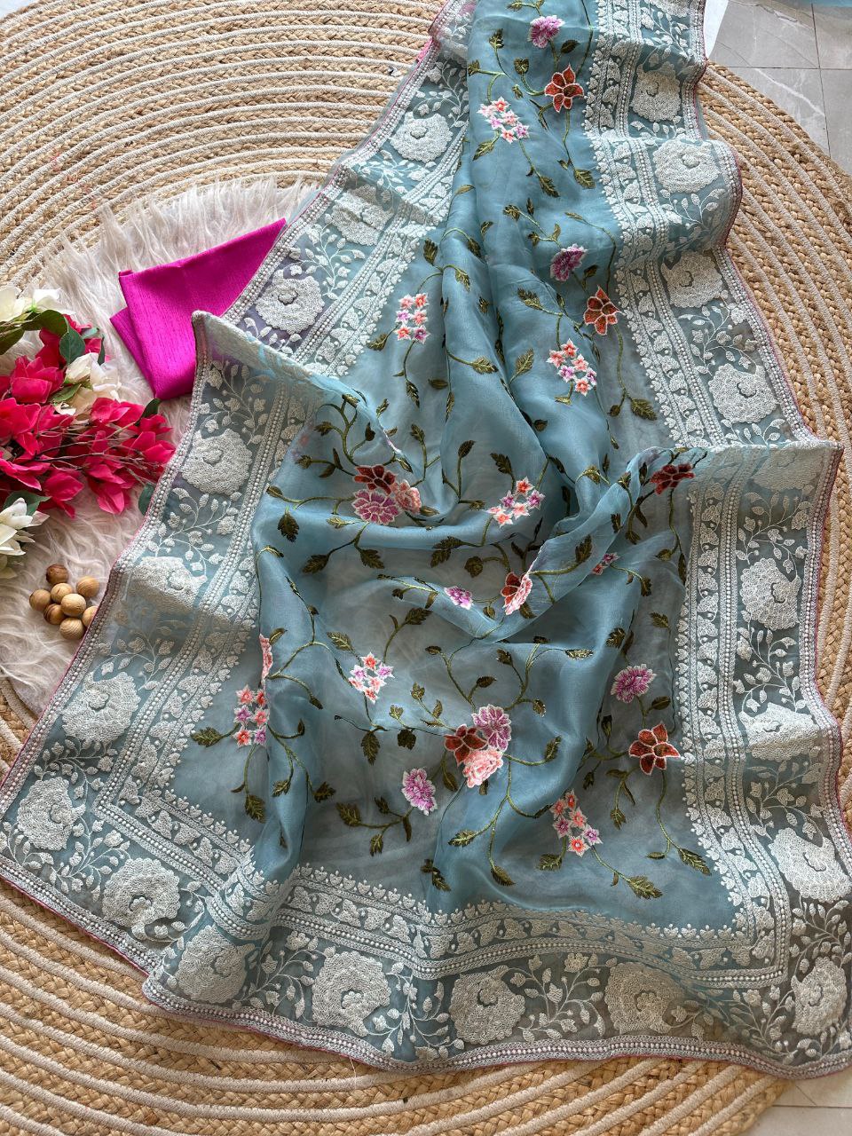 Chikankari Worked Organza Silk Saree