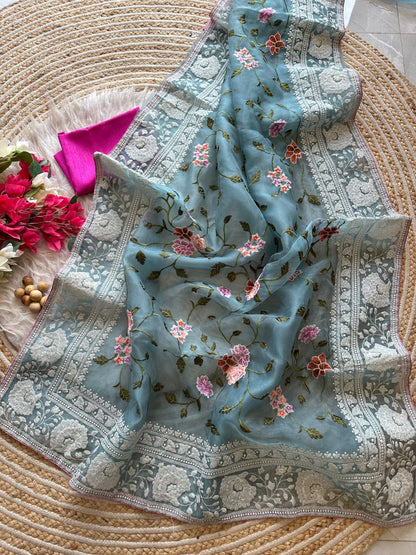 Chikankari Worked Organza Silk Saree