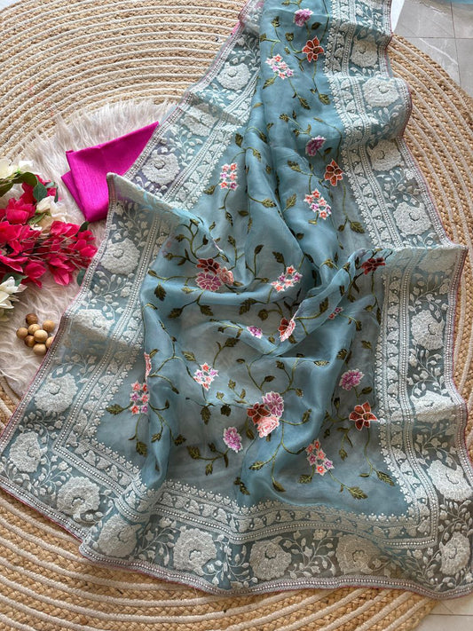 Chikankari Worked Organza Silk Saree