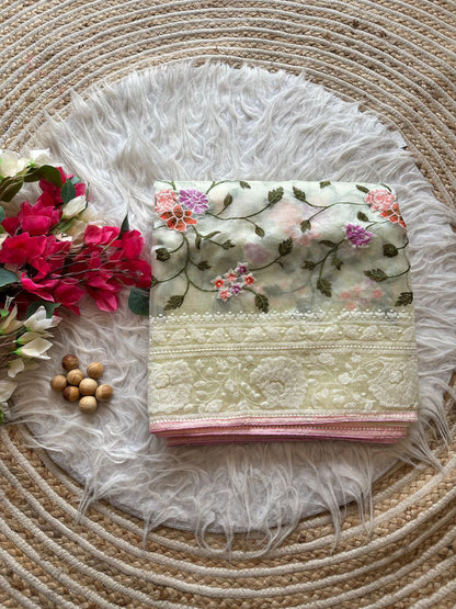 Chikankari Worked Organza Silk Saree